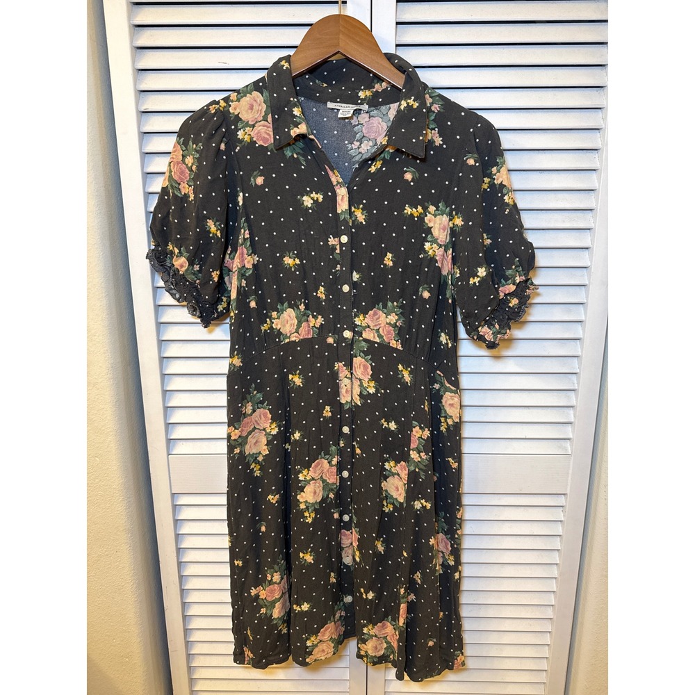 American Eagle Floral Polka Dot Button Front Mini Dress Black Pink Medium lined